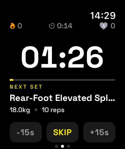 Watch: rest timer 1:26, next set rear-foot elevated split squat