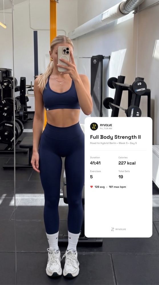 Athlete gym mirror photo with RYVOLVE Full Body Strength II summary card