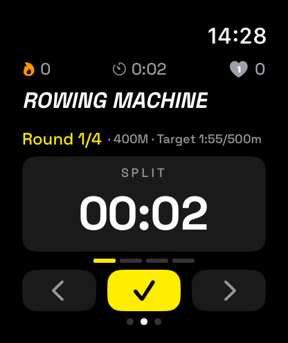 Watch: live rowing machine, round 1 of 4, split timer