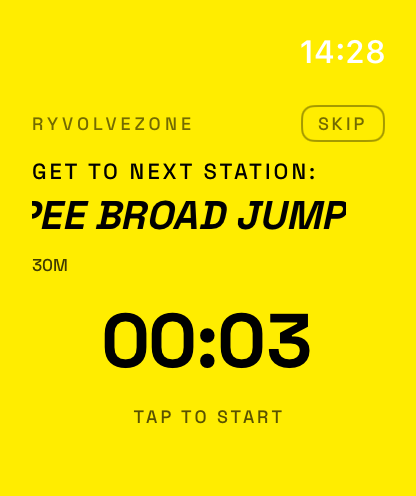 Watch: get to next station, burpee broad jump, tap to start