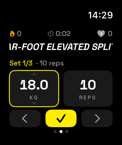 Watch: logging set 1 of 3, 18 kilograms, 10 reps