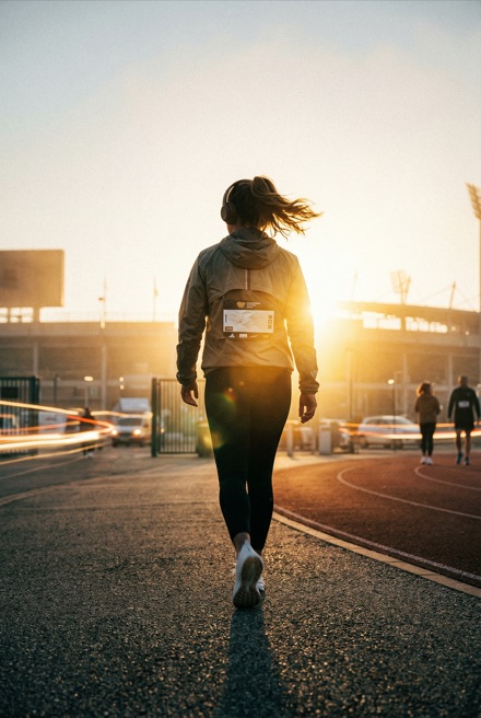 Athlete walking toward a sunrise stadium