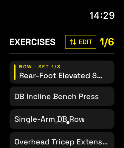 Watch: exercise list, rear-foot elevated split squat now, 1 of 6