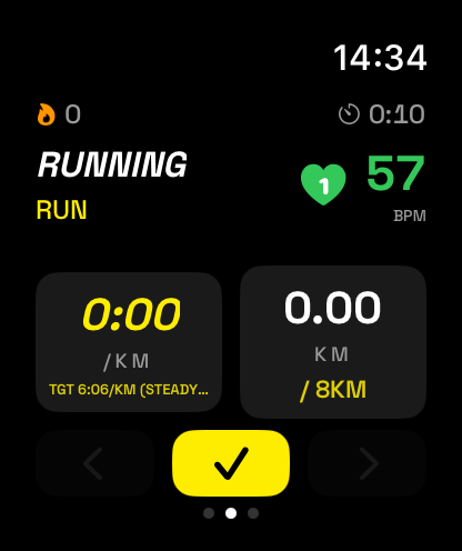 Watch: live run, target 6:06 per kilometre steady, 8 kilometre target, heart rate 57