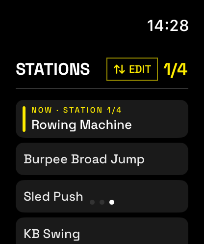 Watch: station list, rowing machine now, 1 of 4