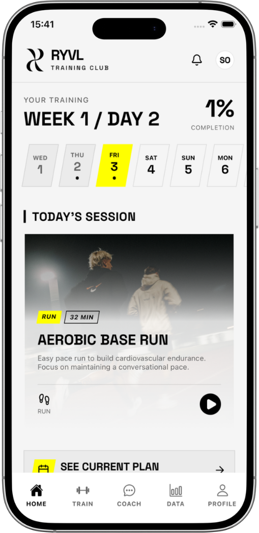 RYVOLVE app home screen showing today's training session